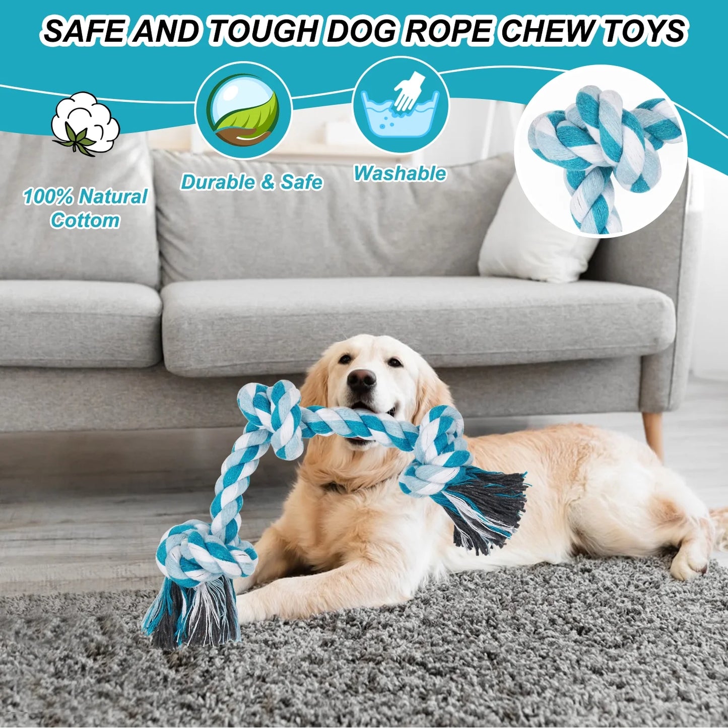 Vivifying Dog Rope Toys, 3 Knots Durable Braided Cotton Pet Chew Rope Toys for Dog and Puppy Teeth Cleaning(Blue) , Best Gift for Your Pet