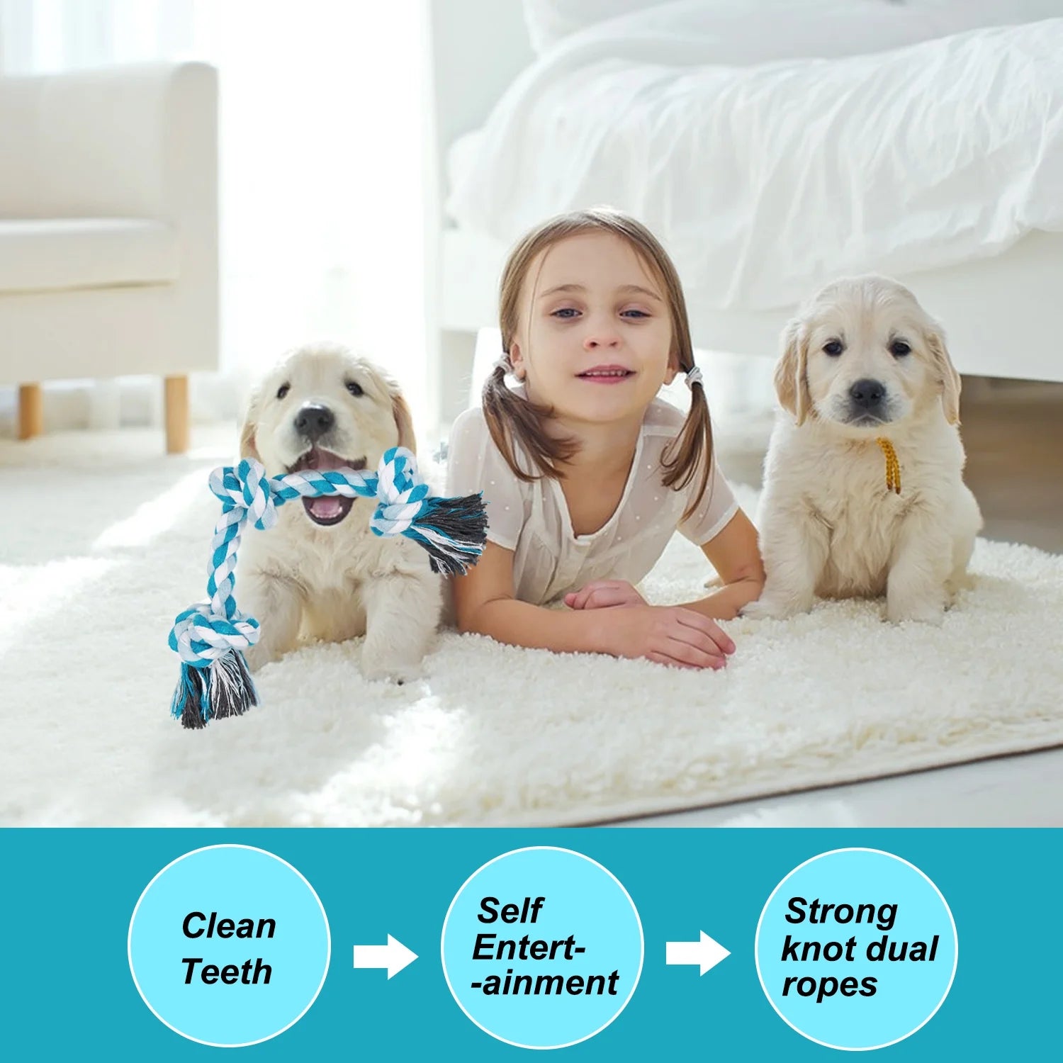 Vivifying Dog Rope Toys, 3 Knots Durable Braided Cotton Pet Chew Rope Toys for Dog and Puppy Teeth Cleaning(Blue) , Best Gift for Your Pet