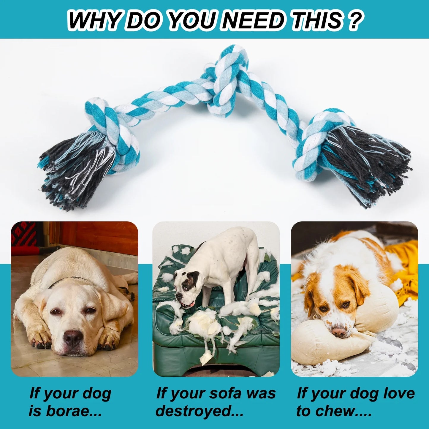 Vivifying Dog Rope Toys, 3 Knots Durable Braided Cotton Pet Chew Rope Toys for Dog and Puppy Teeth Cleaning(Blue) , Best Gift for Your Pet