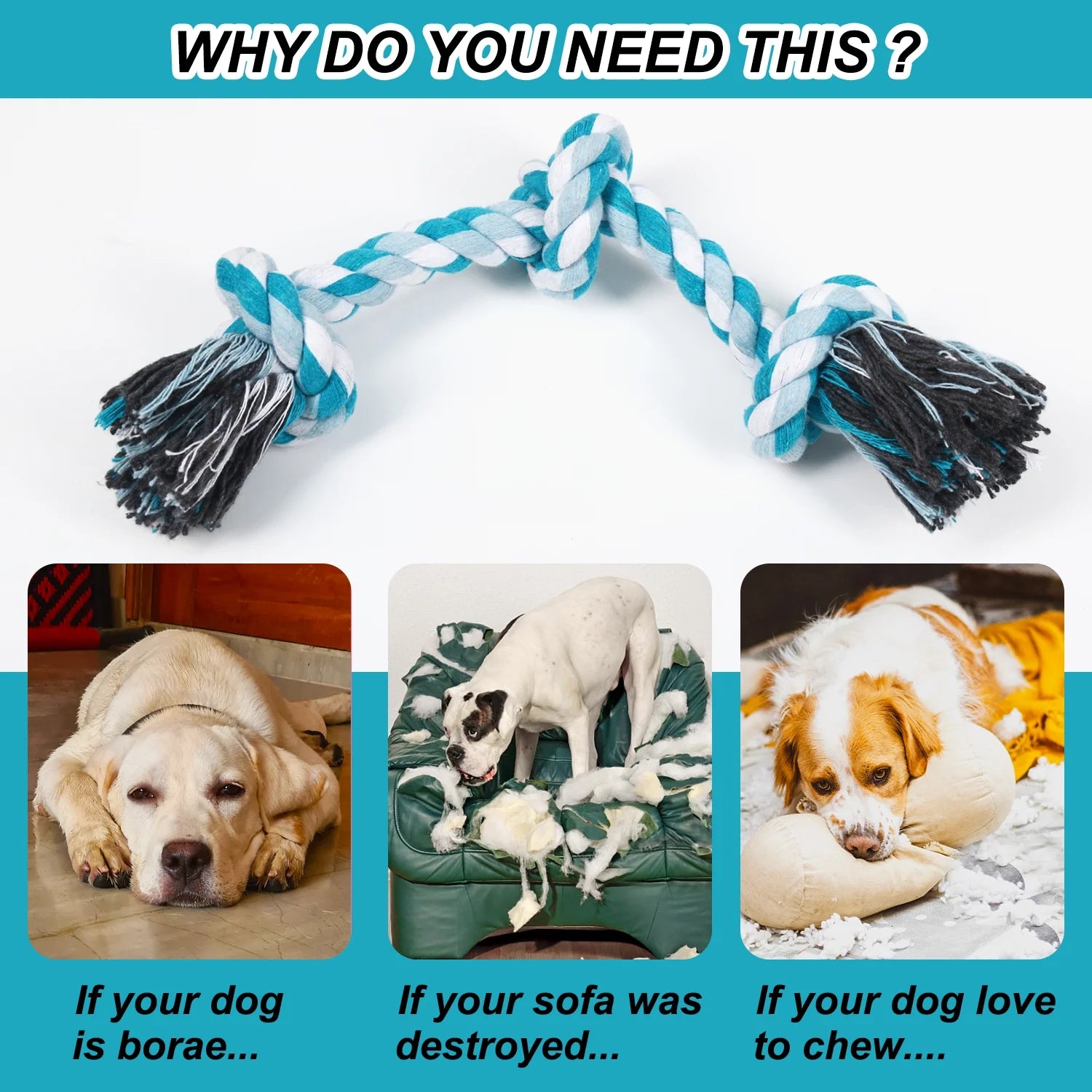 Vivifying Dog Rope Toys, 3 Knots Durable Braided Cotton Pet Chew Rope Toys for Dog and Puppy Teeth Cleaning(Blue) , Best Gift for Your Pet